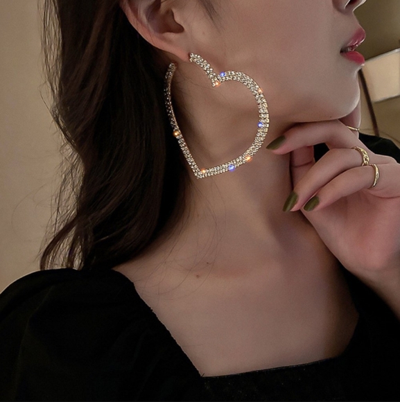 Huge Rhinestone Heart Silver Hoop Earrings CZ Crystal Pave Hoops New - Picture 7 of 14